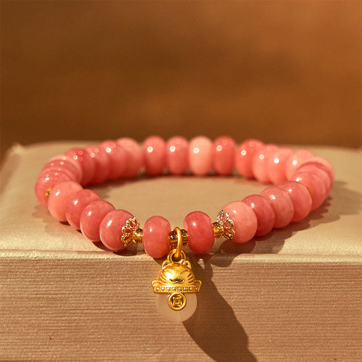 Buddha Stones Strawberry Quartz Cyan Jade Lucky Cat Beads Healing Bracelet - Strawberry Quartz (Wrist Circumference: 15-16cm) - image 0