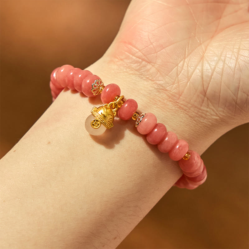 Buddha Stones Strawberry Quartz Cyan Jade Lucky Cat Beads Healing Bracelet - image 5