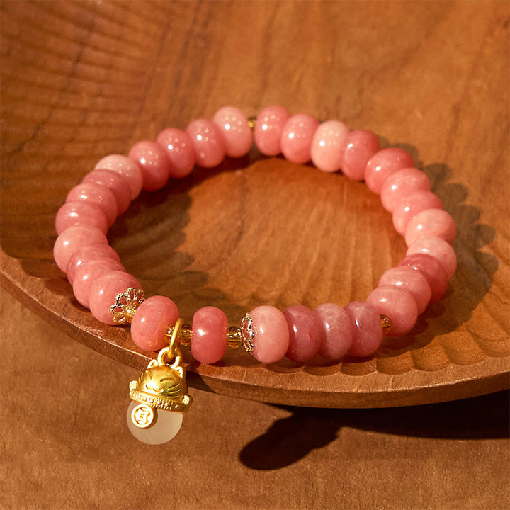 Buddha Stones Strawberry Quartz Cyan Jade Lucky Cat Beads Healing Bracelet - image 6