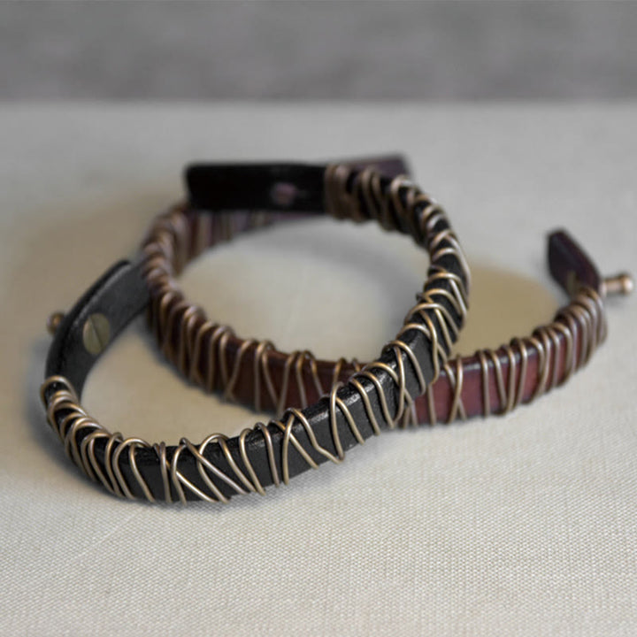 Buddha Stones Vintage Leather Copper Brass Wire Wrap Balance Bracelet - image 25