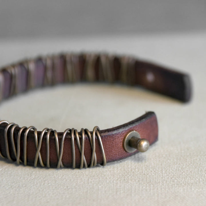 Buddha Stones Vintage Leather Copper Brass Wire Wrap Balance Bracelet - image 2