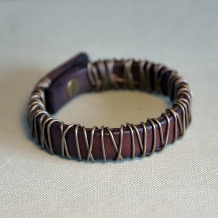 Buddha Stones Vintage Leather Copper Brass Wire Wrap Balance Bracelet - Brown - 17-17.6cm - image 1