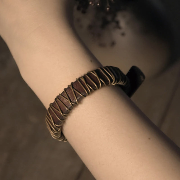 Buddha Stones Vintage Leather Copper Brass Wire Wrap Balance Bracelet - image 9