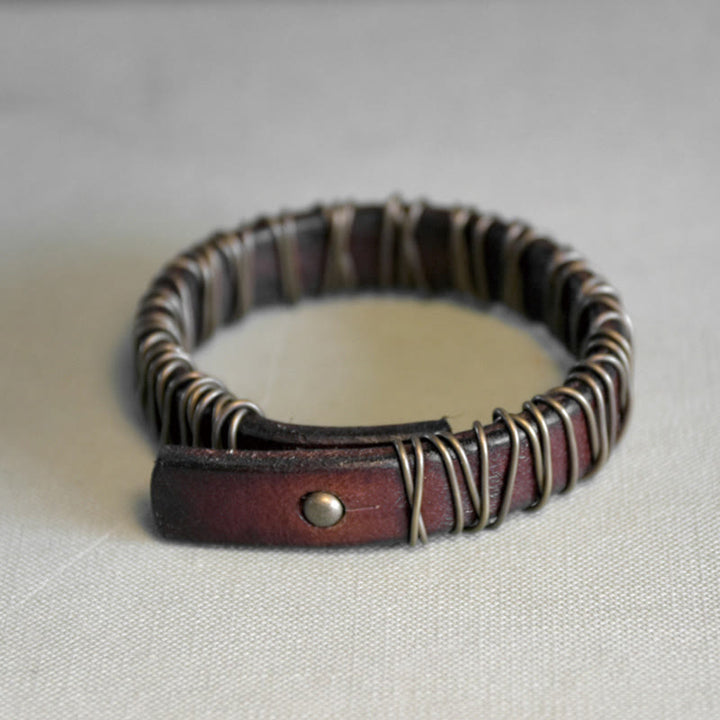 Buddha Stones Vintage Leather Copper Brass Wire Wrap Balance Bracelet - image 6
