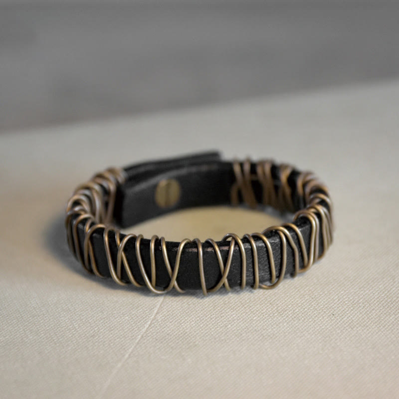 Buddha Stones Vintage Leather Copper Brass Wire Wrap Balance Bracelet - Black - 17-17.6cm - image 12