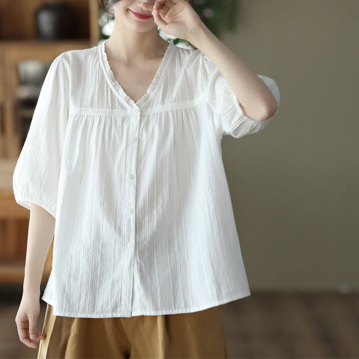 Buddha Stones Women's Pure White Lace V-neck Design Half Sleeve Cotton Shirt - image 10