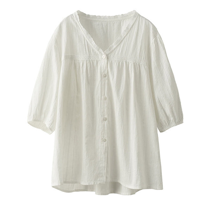 Buddha Stones Women's Pure White Lace V-neck Design Half Sleeve Cotton Shirt - image 12