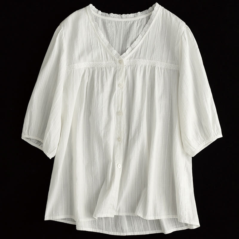 Buddha Stones Women's Pure White Lace V-neck Design Half Sleeve Cotton Shirt - image 11
