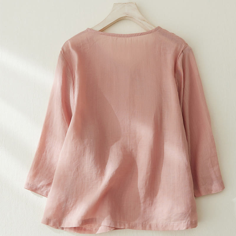 Buddha Stones Casual Women's Embroidery Plants Design Three Quarter Sleeve Shirt - image 1