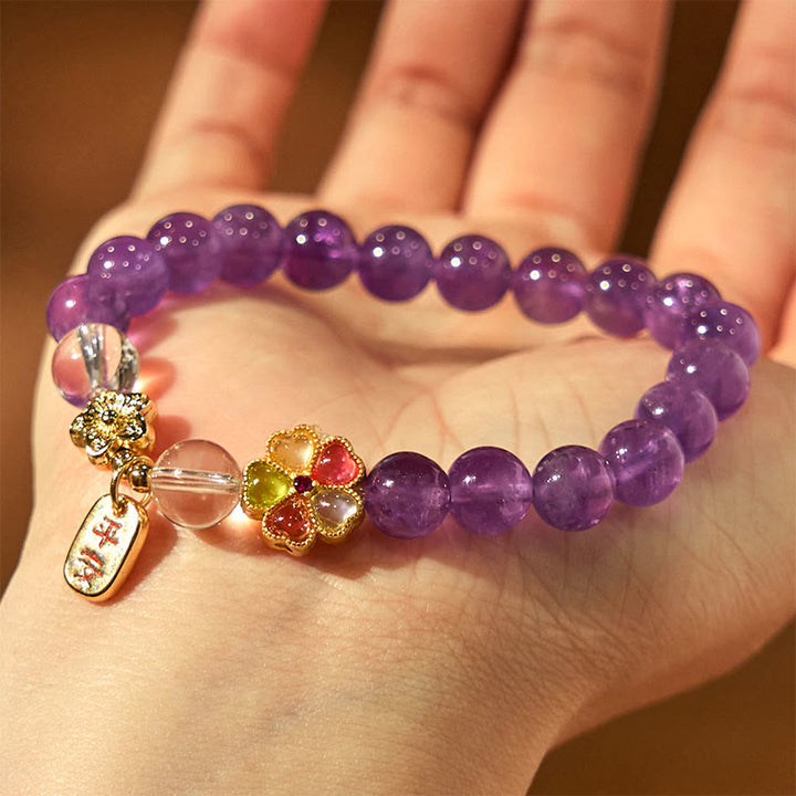 Buddha Stones Natural Amethyst White Crystal Flower Healing Safe And Well Charm Bracelet - image 7