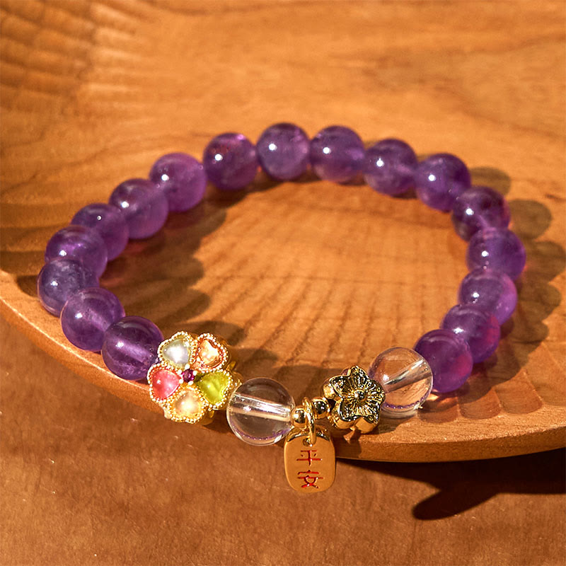 Buddha Stones Natural Amethyst White Crystal Flower Healing Safe And Well Charm Bracelet - image 2