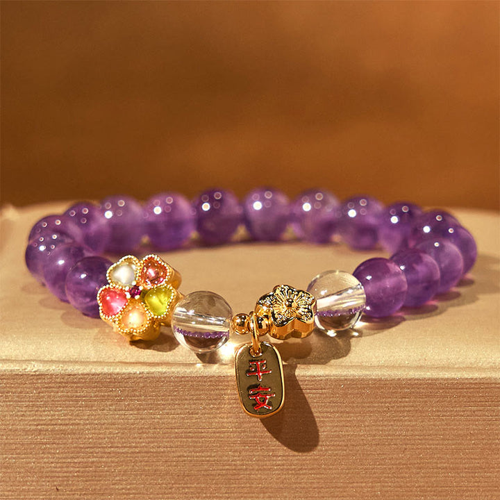 Buddha Stones Natural Amethyst White Crystal Flower Healing Safe And Well Charm Bracelet - image 3