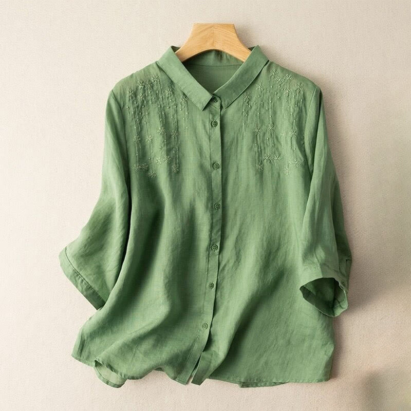 Buddha Stones Casual Women's Embroidery Standing Collar Half Sleeve Design Cotton Linen Shirt - MediumSeaGreen - US8-10，UK/AU12-14，EU40-42 (2XL) - image 0