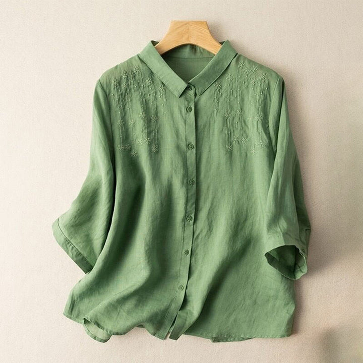 Buddha Stones Casual Women's Embroidery Standing Collar Half Sleeve Design Cotton Linen Shirt - MediumSeaGreen - US8-10，UK/AU12-14，EU40-42 (2XL) - image 0