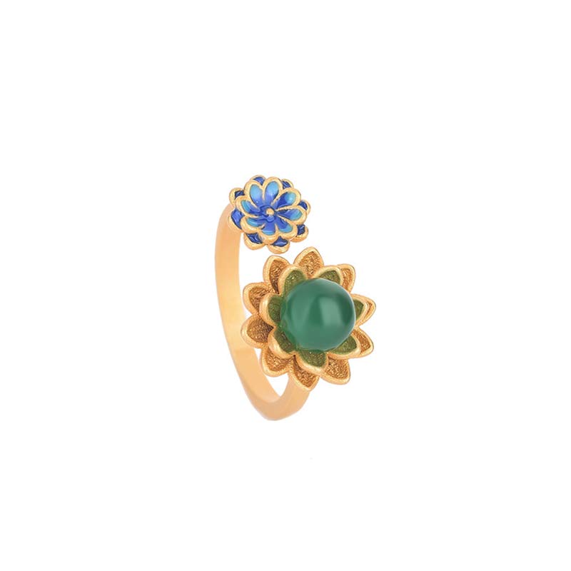 Buddha Stones Lotus Pattern Jade Abundance Adjustable Ring - image 5