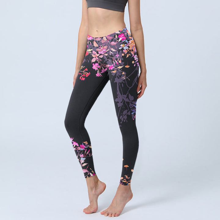 Buddha Stones Black Pink Floral Leaves Print Gym Leggings Women's Yoga Pants - Black - US18，UK/AU22，EU50 (4XL) - image 0
