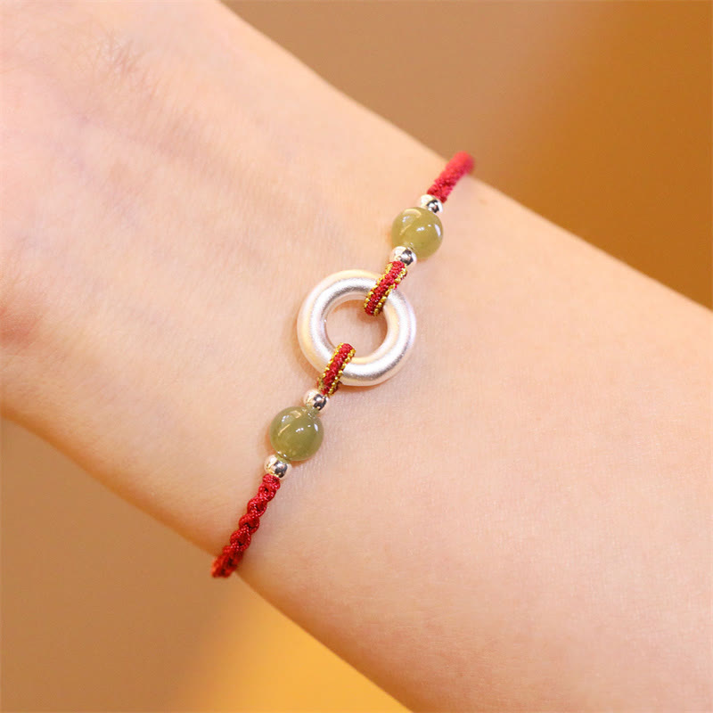 Buddha Stones 999 Sterling Silver Peace Buckle Hetian Jade Handmade Luck Red Rope Bracelet - 14-16cm - image 0