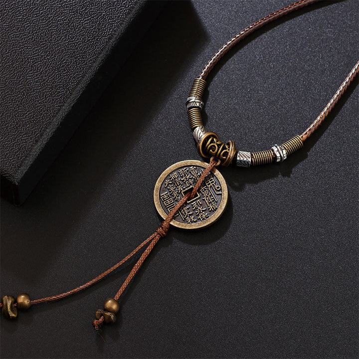 Buddha Stones Mountain Ghosts Spend Money Bagua Alloy Copper Coin Harmony Necklace Pendant - Brown Rope - image 0