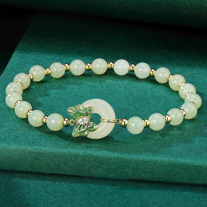 Buddha Stones 925 Sterling Silver Natural Hetian Jade Peace Buckle Butterfly Zircon Luck Bracelet Necklace Pendant - Jade Bracelet(Wrist Circumference 14-17cm) - image 0