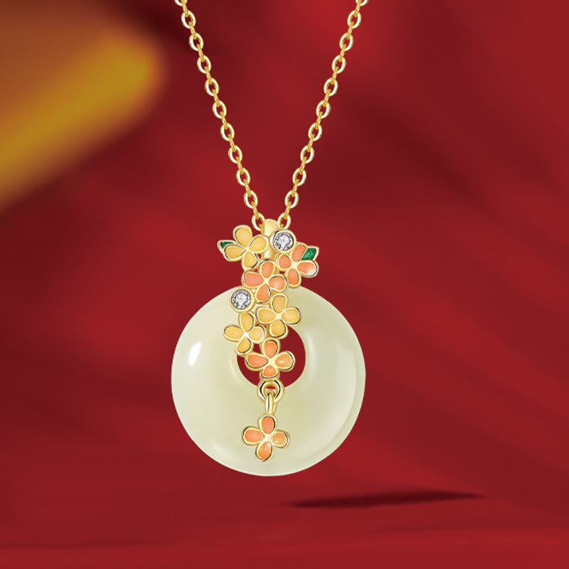 Buddha Stones 925 Sterling Silver Natural Hetian Jade Osmanthus Flowers Peace Buckle Zircon Luck Bracelet Necklace Pendant - Jade Necklace - image 12