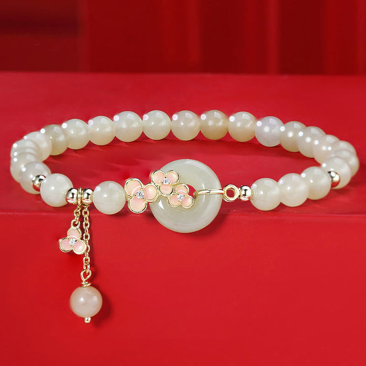 Buddha Stones 925 Sterling Silver Natural Hetian Jade Peach Blossom Peace Buckle Zircon Luck Bracelet Necklace Pendant - Jade Bracelet(Wrist Circumference 14-17cm) - image 0