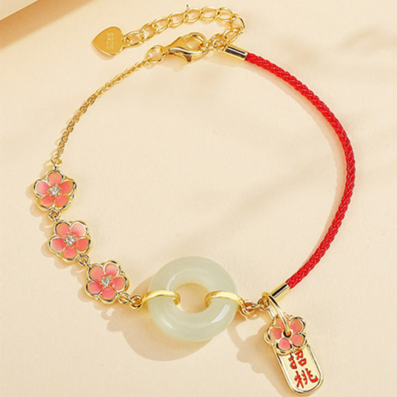 Buddha Stones 925 Sterling Silver Natural Hetian Jade Peach Blossom Peace Buckle Zircon Luck Bracelet Necklace Pendant - Jade Red String Bracelet(Wrist Circumference 14-17cm) - image 7
