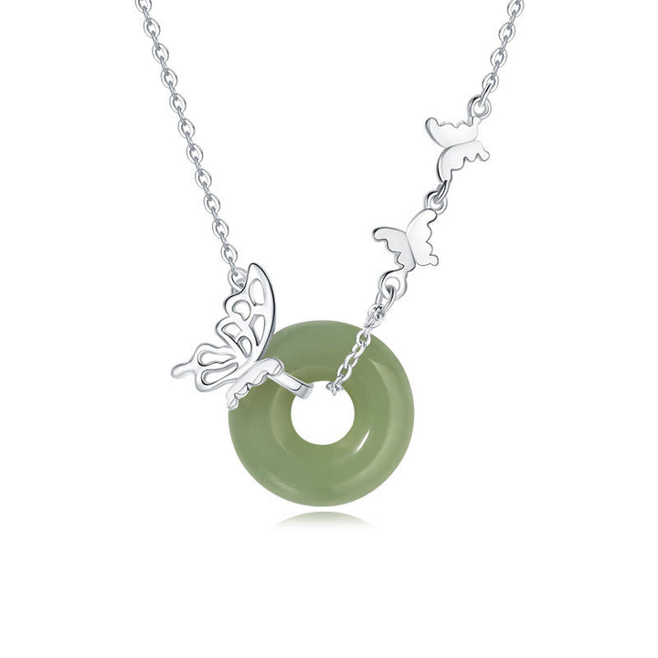 Buddha Stones 925 Sterling Silver Natural Hetian Jade Peace Buckle Butterfly Luck Prosperity Bracelet Necklace Pendant - image 5