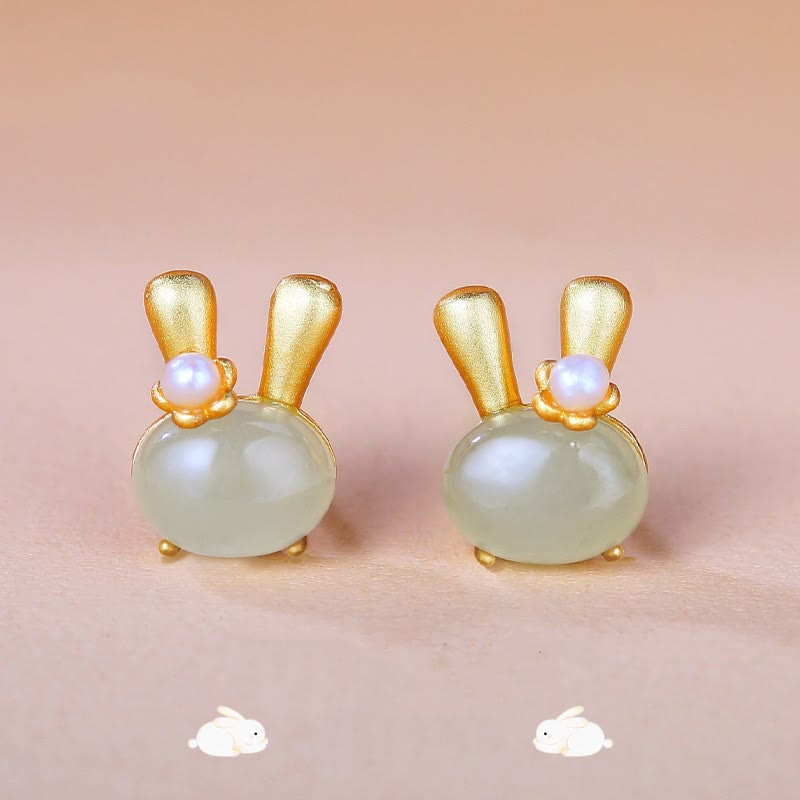 Buddha Stones 925 Sterling Silver Natural Hetian Jade Cute Rabbit Pearl Abundance Earrings - image 0