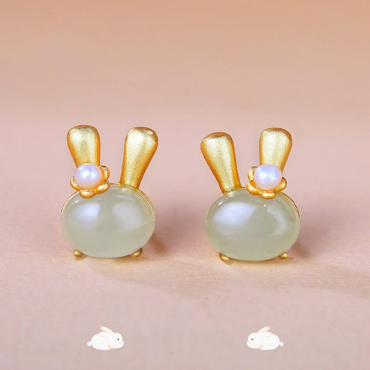 Buddha Stones 925 Sterling Silver Natural Hetian Jade Cute Rabbit Pearl Abundance Earrings - image 0