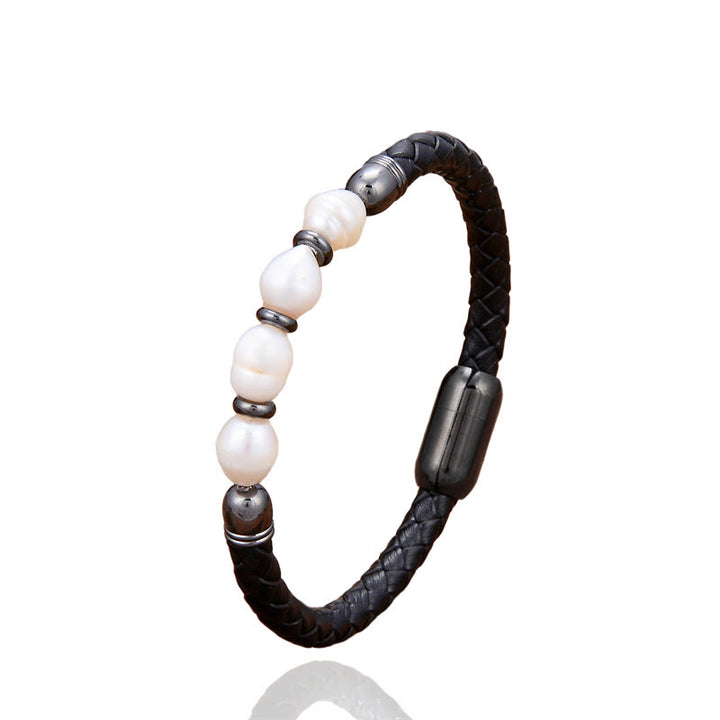 Buddha Stones Handmade Irregular Shaped Pearls Healing Leather Titanium Steel Buckle Bracelet - image 9