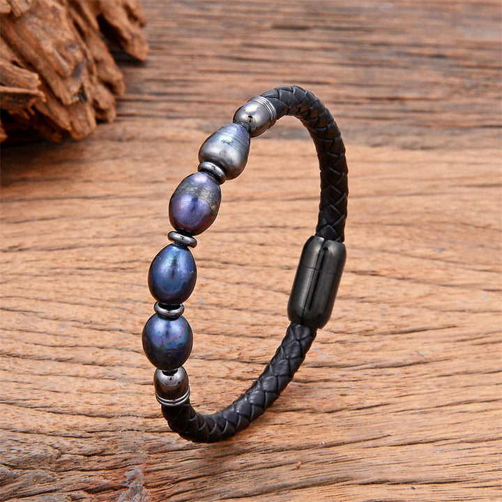 Buddha Stones Handmade Irregular Shaped Pearls Healing Leather Titanium Steel Buckle Bracelet - Gray Pearl-Black - 18-22cm - image 2