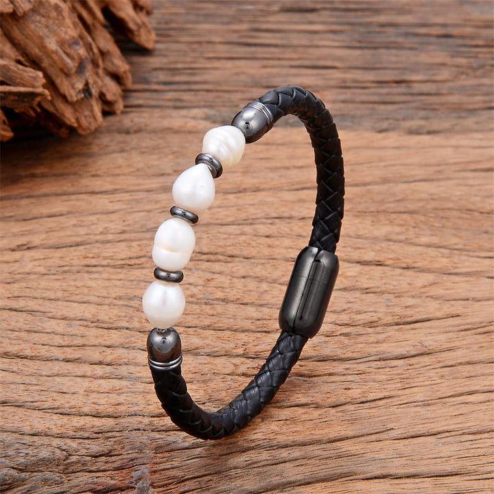 Buddha Stones Handmade Irregular Shaped Pearls Healing Leather Titanium Steel Buckle Bracelet - White Pearl-Black - 18-22cm - image 8