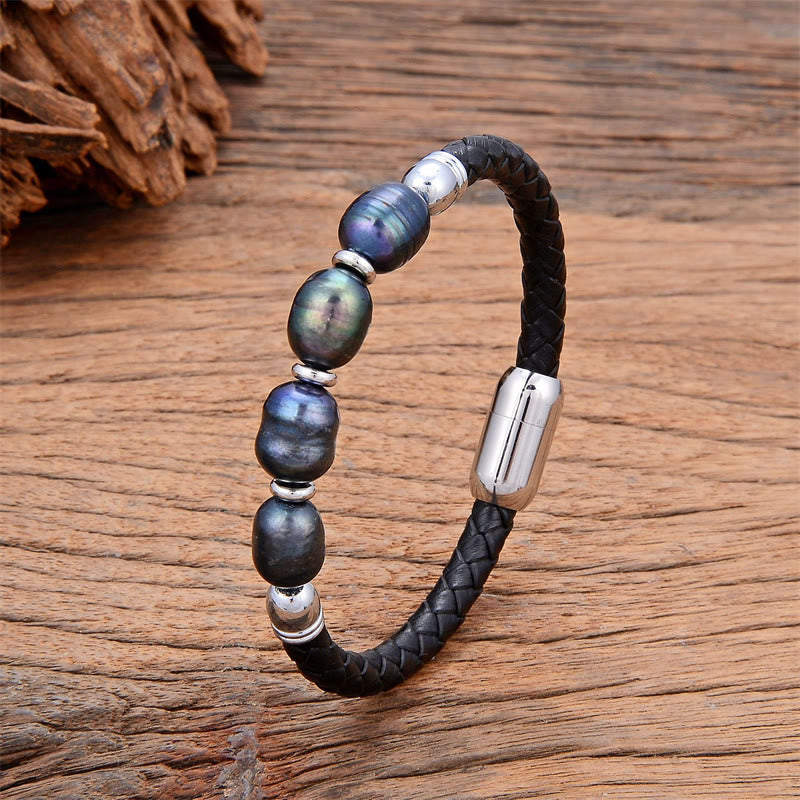 Buddha Stones Handmade Irregular Shaped Pearls Healing Leather Titanium Steel Buckle Bracelet - Gray Pearl-Silver - 18-22cm - image 1
