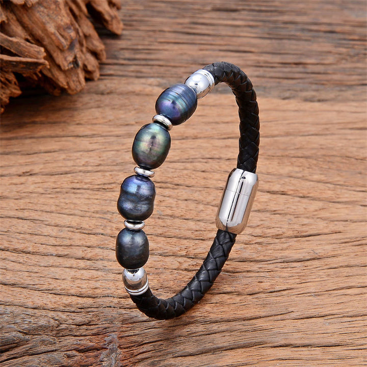 Buddha Stones Handmade Irregular Shaped Pearls Healing Leather Titanium Steel Buckle Bracelet - Gray Pearl-Silver - 18-22cm - image 1