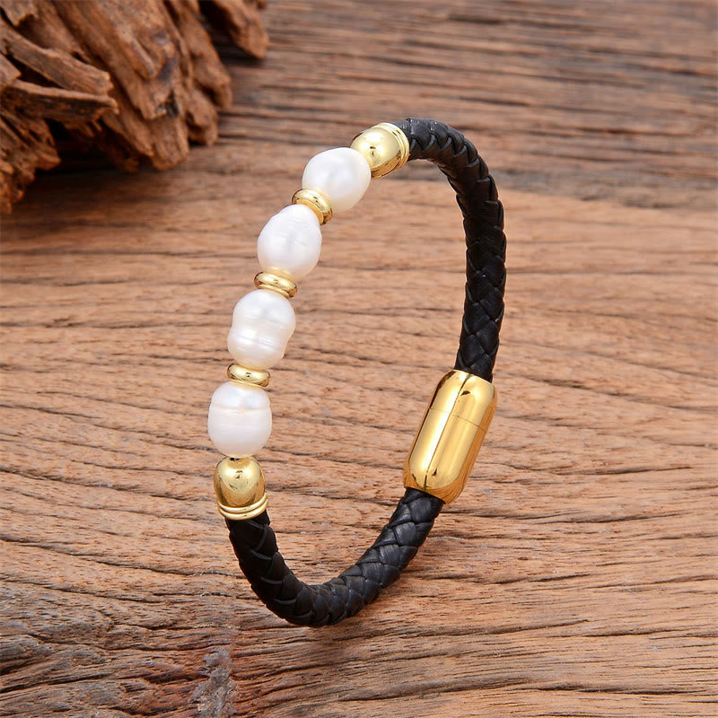 Buddha Stones Handmade Irregular Shaped Pearls Healing Leather Titanium Steel Buckle Bracelet - White Pearl-Gold - 18-22cm - image 6