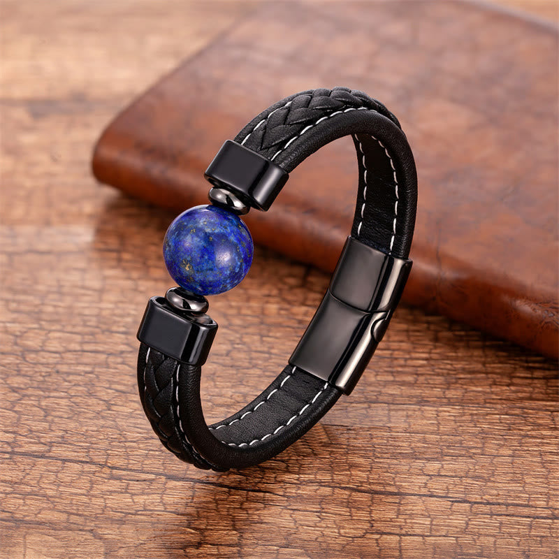 Buddha Stones Lazurite Black Onyx Tiger Eye Lava Rock Om Mani Padme Hum Serenity Leather Bracelet - Lazurite - 18-22cm - image 0