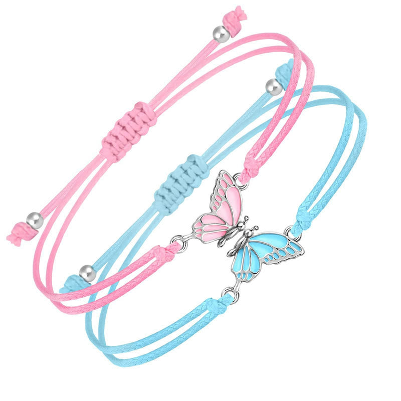 Buddha Stones 2Pcs Handmade Braided Rope Butterfly Freedom Bracelet - Pink And Blue(Wrist Circumference 14-27cm) - image 1