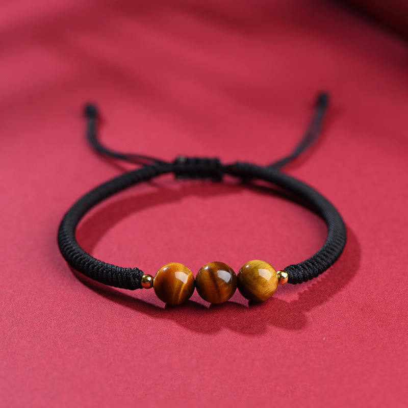 Buddha Stones Handmade Tiger Eye Bead Luck Protection Rope Bracelet - Black Rope - 8mm Three Beads - 18-19cm - image 15