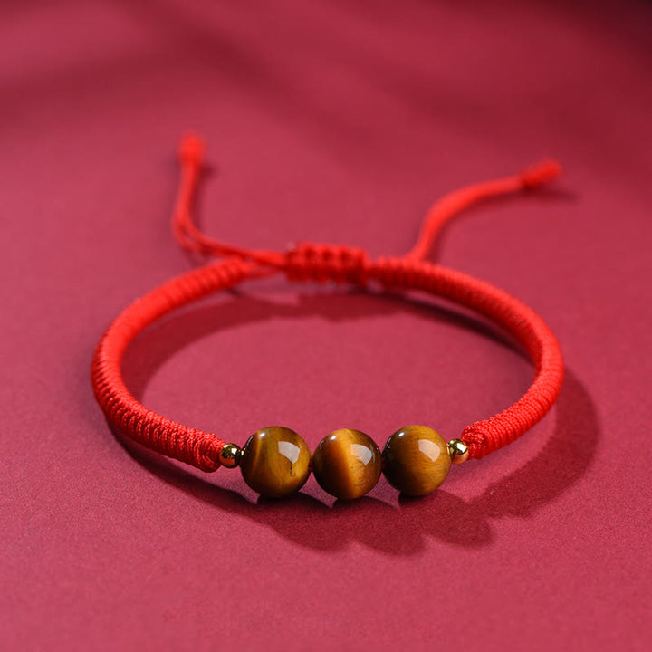 Buddha Stones Handmade Tiger Eye Bead Luck Protection Rope Bracelet - Red Rope - 8mm Three Beads - 18-19cm - image 10