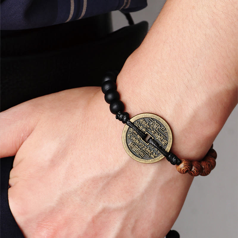 Buddha Stones Ebony Wood Wenge Wood Mountain Ghosts Spend Money Bagua Copper Coin Peace Bracelet - Black Rope(Wrist Circumference 16-30cm) - image 0