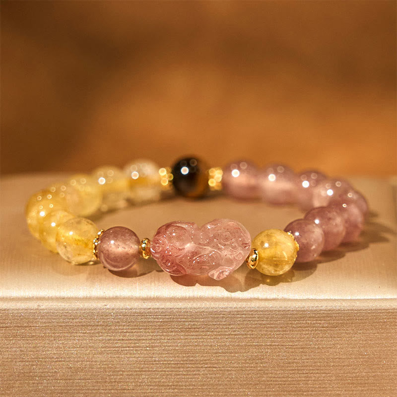 Buddha Stones Strawberry Quartz Pixiu Rutilated Quartz Beads Healing Bracelet - image 1