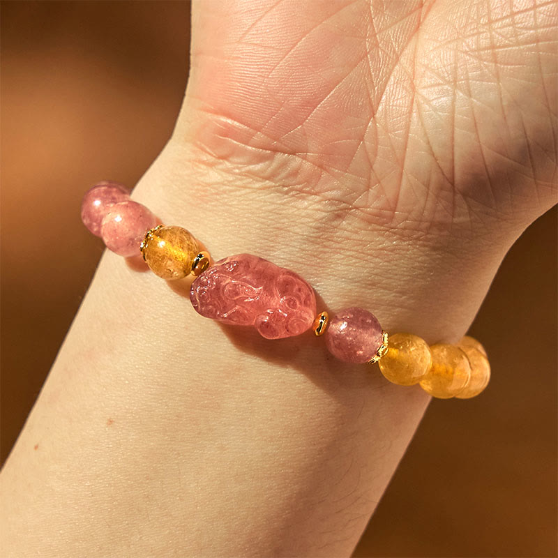 Buddha Stones Strawberry Quartz Pixiu Rutilated Quartz Beads Healing Bracelet - image 4