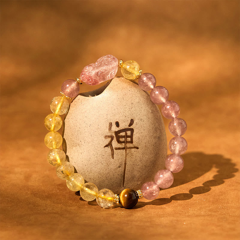 Buddha Stones Strawberry Quartz Pixiu Rutilated Quartz Beads Healing Bracelet - image 9