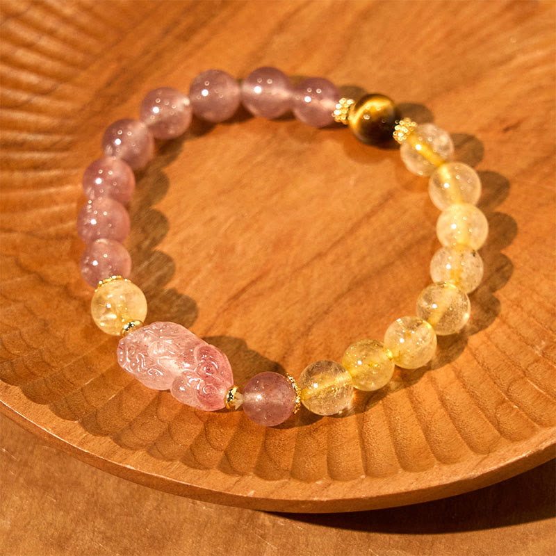 Buddha Stones Strawberry Quartz Pixiu Rutilated Quartz Beads Healing Bracelet - image 2