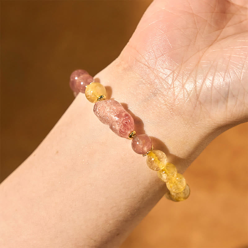 Buddha Stones Strawberry Quartz Pixiu Rutilated Quartz Beads Healing Bracelet - image 16