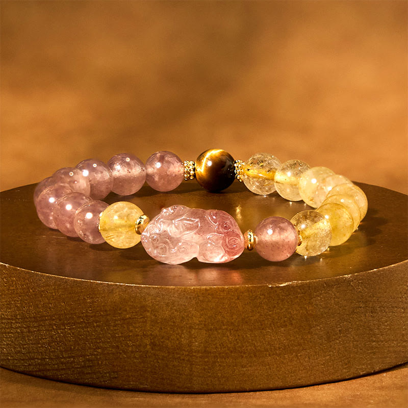 Buddha Stones Strawberry Quartz Pixiu Rutilated Quartz Beads Healing Bracelet - Strawberry Quartz Rutilated Quartz(Wrist Circumference: 15-16cm) - image 0
