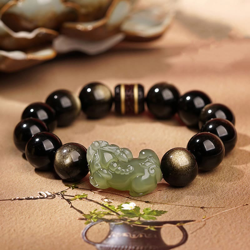 Buddha Stones Natural Gold Sheen Obsidian Hetian Cyan Jade White Jade PiXiu Wealth Bracelet - Gold Sheen Obsidian Cyan Jade Pixiu-10mm(Men) - image 0