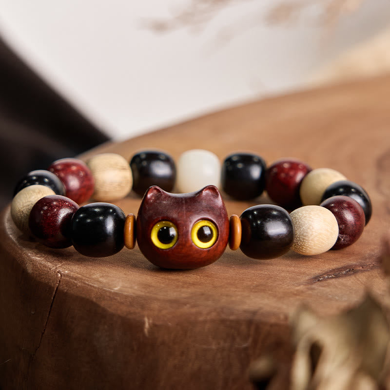Buddha Stones Small Leaf Red Sandalwood Ebony Wood Cute Cat Engraved Protection Bracelet - image 2