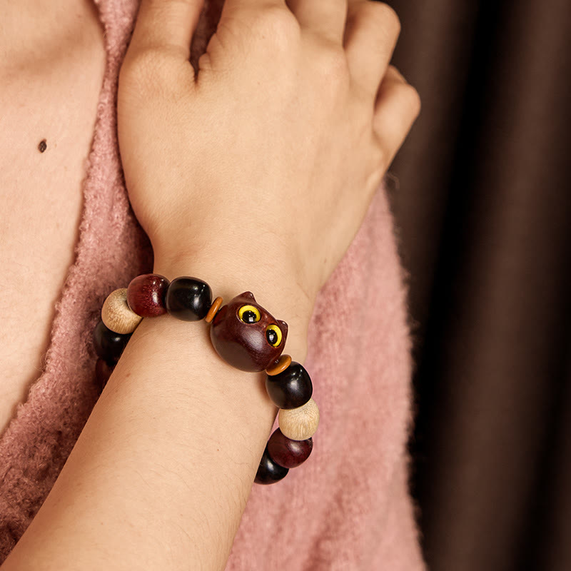 Buddha Stones Small Leaf Red Sandalwood Ebony Wood Cute Cat Engraved Protection Bracelet - image 3