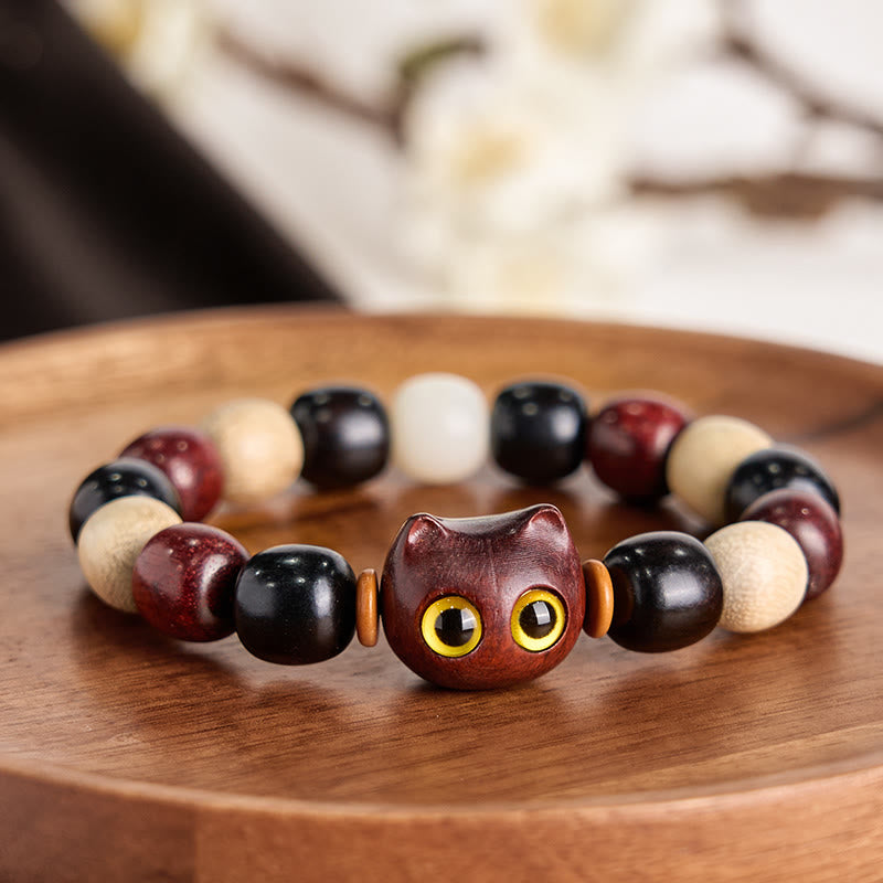 Buddha Stones Small Leaf Red Sandalwood Ebony Wood Cute Cat Engraved Protection Bracelet - image 1